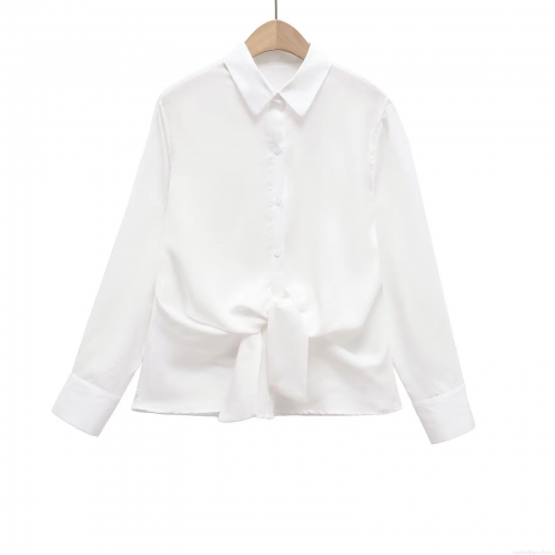 Women's 100% Cotton Long Sleeve Blouse Elegant Lapel Collar Button Down Shirt With Front Tie Knot For Women Office Daily Wear White Top