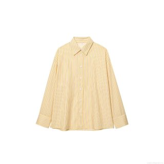 Women Yellow White Striped Long Sleeve Shirt Fashion Lapel Button Down Poplin Blouse Casual Loose Striped Top For Office Daily Ladies Clothing