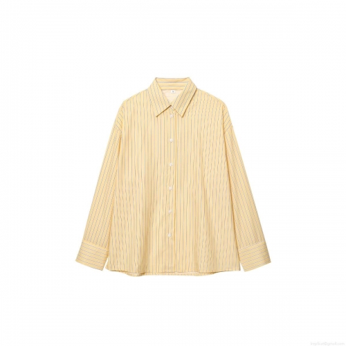 Women Yellow White Striped Long Sleeve Shirt Fashion Lapel Button Down Poplin Blouse Casual Loose Striped Top For Office Daily Ladies Clothing