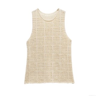 Women's Crochet Hollow Knitted Tank Top Cotton Blend Sleeveless Round Neck Vest Slim Fit Solid Color Casual Summer Beach Top For Women