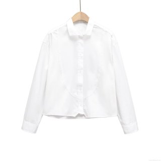 Women's French Commute Long Sleeve Shirt 100% Cotton Splicing Design Short Blouse Solid White Button Down Top For Ladies Office Daily Wear