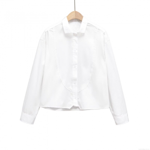 Women's French Commute Long Sleeve Shirt 100% Cotton Splicing Design Short Blouse Solid White Button Down Top For Ladies Office Daily Wear