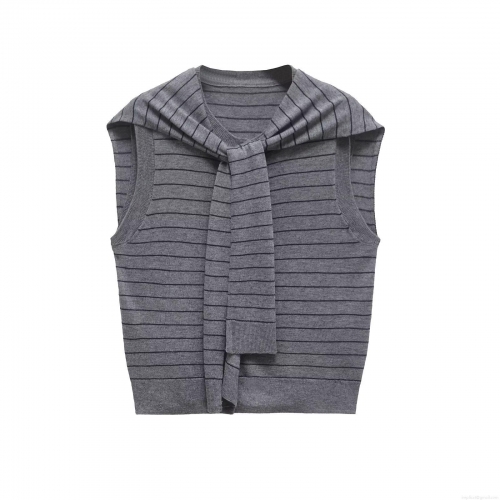 Women's Striped Knitted Tank Top With Shawl Collar Navy Style Sleeveless Grey Black Striped Polyester Knit Vest Slim Fit Streetwear Pullover Tops For Spring Summer