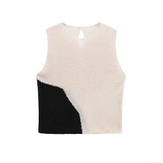 Women's Contrast Color Block Knit Tank Top Sleeveless Round Neck Back Cutout Slim Fit Ribbed Summer Casual Patchwork Sleeveless Vest Top for Women