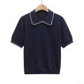 Women's Casual Scalloped Trim Knit T-Shirt Elegant Contrast Wavy Edge Polo Collar Short Sleeve High Elastic Polyester Knitted Top For Daily Wear