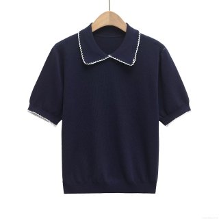Women's Casual Scalloped Trim Knit T-Shirt Elegant Contrast Wavy Edge Polo Collar Short Sleeve High Elastic Polyester Knitted Top For Daily Wear