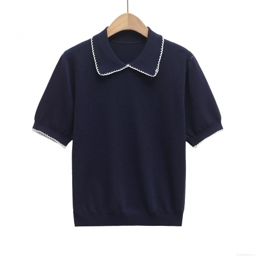 Women's Casual Scalloped Trim Knit T-Shirt Elegant Contrast Wavy Edge Polo Collar Short Sleeve High Elastic Polyester Knitted Top For Daily Wear