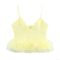 Women's Sexy V Neck Mesh Patchwork Cami Top Slim Fit Tiered Tulle Peplum Ruffle Hem Yellow Solid Color Sleeveless Crop Top For Women Party Dating