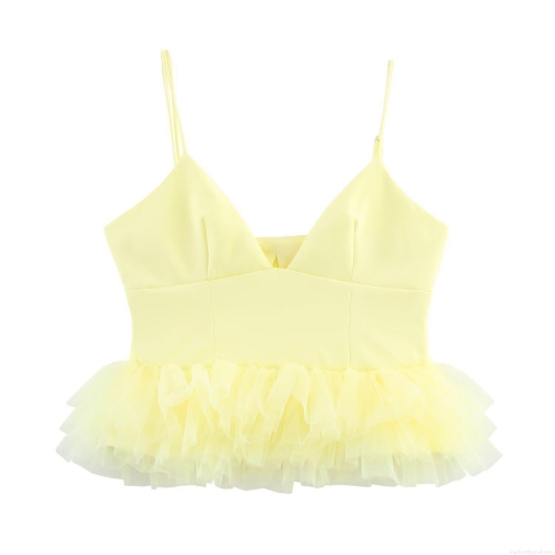 Women's Sexy V Neck Mesh Patchwork Cami Top Slim Fit Tiered Tulle Peplum Ruffle Hem Yellow Solid Color Sleeveless Crop Top For Women Party Dating