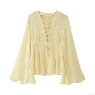 Women's Chiffon Blouse V Neck Tie Up Alloy Drops Flare Long Sleeve Loose Fit Solid Color Casual Top Elegant Breathable Shirt For Ladies Spring Daily Wear