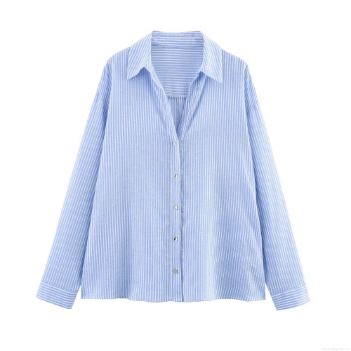 Women's Linen Blend Striped Long Sleeve Shirt Button Down Lapel Collar Casual Blouse For Office Daily Wear Fashion Loose Striped Top