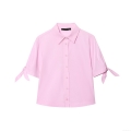 Women's Pink Short Sleeve Blouse Shirt Lapel Button Down Top With Cuff Tie Bow Details Casual Elegant Polyester Shirt For Daily Wear