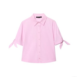 Women's Pink Short Sleeve Blouse Shirt Lapel Button Down Top With Cuff Tie Bow Details Casual Elegant Polyester Shirt For Daily Wear