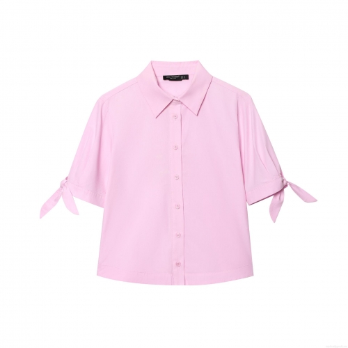 Women's Pink Short Sleeve Blouse Shirt Lapel Button Down Top With Cuff Tie Bow Details Casual Elegant Polyester Shirt For Daily Wear