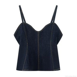 Sexy Dark Blue Denim Camisole Tank Top With Contrast Stitching Back Zipper Slim Fit V-Neck Cropped Top For Women Streetwear Fashion