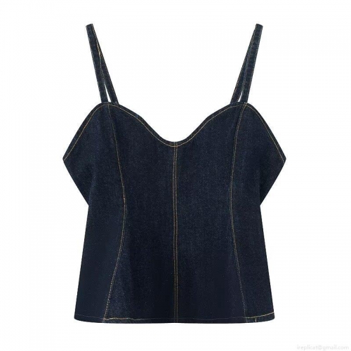Sexy Dark Blue Denim Camisole Tank Top With Contrast Stitching Back Zipper Slim Fit V-Neck Cropped Top For Women Streetwear Fashion