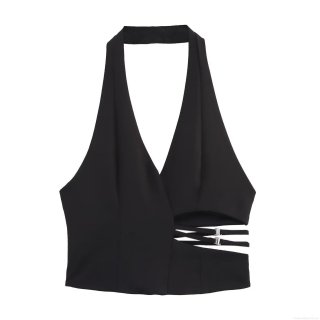Women's Sexy Halter Neck Cutout Crop Top Polyester Tank Top with Metal Buckle Detail Sleeveless V-Neck Slim Fit Top for Party Clubwear