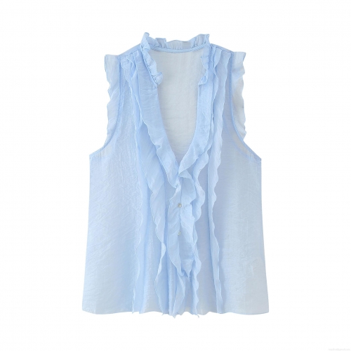 Women's Light Blue Sleeveless Chiffon Top With Ruffle Trim Detail V-Neck Button Down Pleated Slim Fit Tank Top For Summer Dating Elegant Sweet Style