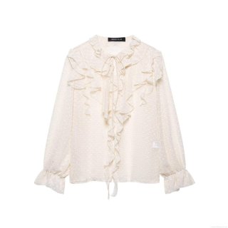 Elegant Swiss Dot Ruffle Chiffon Blouse Women French Style Tie Neck Layered Flounce Long Sleeve Sheer Mesh Shirt Top For Party Daily Wear