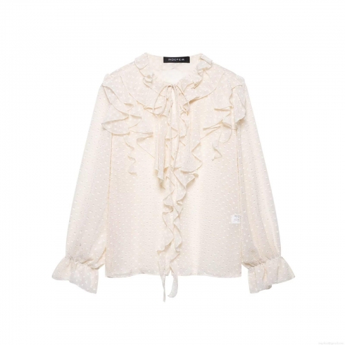 Elegant Swiss Dot Ruffle Chiffon Blouse Women French Style Tie Neck Layered Flounce Long Sleeve Sheer Mesh Shirt Top For Party Daily Wear