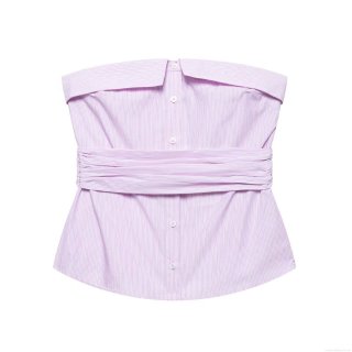 Women's Sexy Striped Tube Top Strapless Ruched Slim Fit Button Front Crop Top Summer Beach Party Fashion Polyester Blend Sleeveless Shirt for Lady