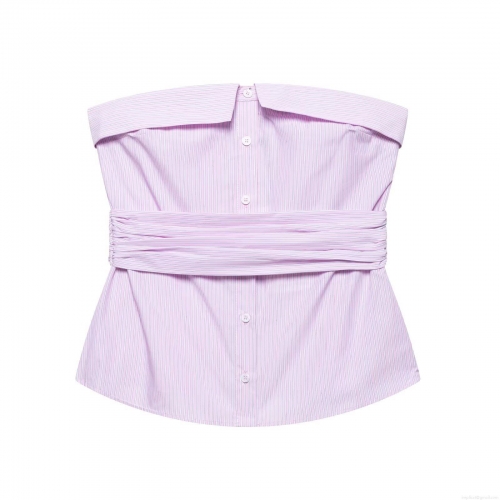 Women's Sexy Striped Tube Top Strapless Ruched Slim Fit Button Front Crop Top Summer Beach Party Fashion Polyester Blend Sleeveless Shirt for Lady