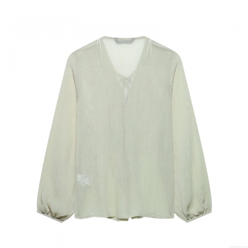 Women Layered Ruffle Blouse Elegant Polyester V Neck Tie Front Lantern Sleeve Pleated Semi-Transparent Shirt Sage Green Casual Party Tops for Women