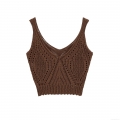 Women's Vintage Crochet Knit Crop Tank Top V Neck Hollow Out Bohemian Sleeveless Camisole Slim Fit Deep Brown Knitted Cami Top for Summer Beach Vacation
