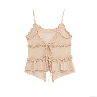 Women's Ruffle V-Neck Camisole Knit Top Sexy Front Tie Bow Slim Fit Sleeveless Mesh Vest For Summer Beach Dating Party Women Fashion Apparel