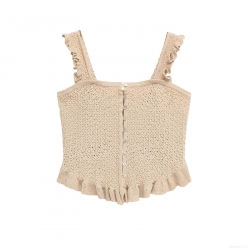 Women Sweet Ruffle Strap Knitted Camisole Top Mercerized Cotton Single Breasted Bustier Style Slim Fit Short Tank Top For Casual Party Vacation