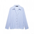 Women's Casual Blue White Vertical Striped Long Sleeve Shirt Linen Blend Button Up Loose Blouse Top For Work Office Daily Wear
