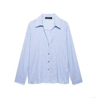 Women's Casual Blue White Vertical Striped Long Sleeve Shirt Linen Blend Button Up Loose Blouse Top For Work Office Daily Wear