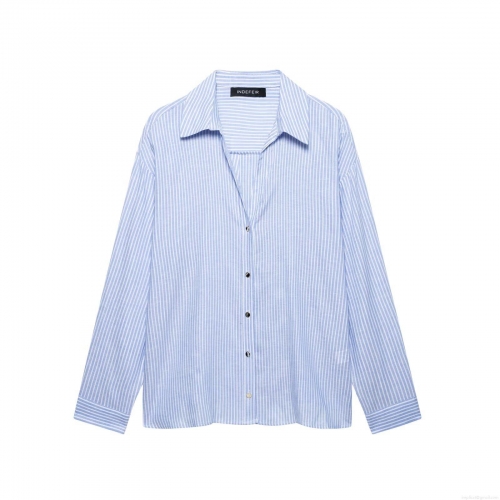 Women's Casual Blue White Vertical Striped Long Sleeve Shirt Linen Blend Button Up Loose Blouse Top For Work Office Daily Wear