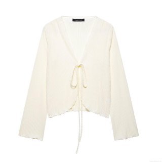 Women's Elegant Pleated V-Neck Tie-Front Blouse Long Sleeve Flare Sleeve Solid Color Polyester Top Minimalist Casual Shirt For Party Streetwear Fashion