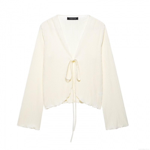 Women's Elegant Pleated V-Neck Tie-Front Blouse Long Sleeve Flare Sleeve Solid Color Polyester Top Minimalist Casual Shirt For Party Streetwear Fashion