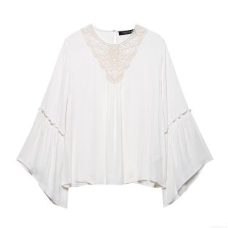 Women's French Fashion Elegant Lace Patchwork Blouse Pleated Bell Sleeve Long Sleeve Solid Color Pullover Chiffon Like Polyester Top For Dating Party