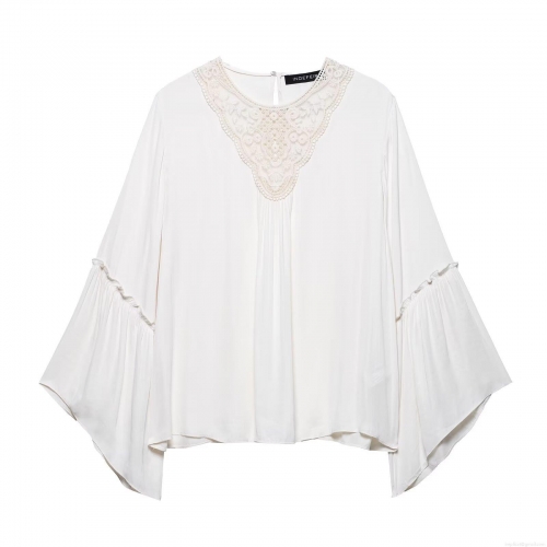 Women's French Fashion Elegant Lace Patchwork Blouse Pleated Bell Sleeve Long Sleeve Solid Color Pullover Chiffon Like Polyester Top For Dating Party