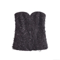 Women's Sexy Black Sequin Tassel Tube Top Slim Fit Sleeveless Bandeau Party Clubwear Crop Top with Buttons