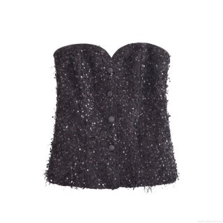 Women's Sexy Black Sequin Tassel Tube Top Slim Fit Sleeveless Bandeau Party Clubwear Crop Top with Buttons