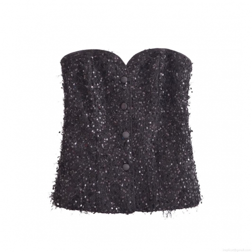 Women's Sexy Black Sequin Tassel Tube Top Slim Fit Sleeveless Bandeau Party Clubwear Crop Top with Buttons