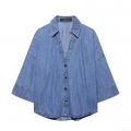 Women's Casual Denim Shirt Three-Quarter Sleeve Lapel Single Breasted Jean Blouse Solid Color Cotton Top for Daily Spring Summer Fashion