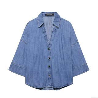 Women's Casual Denim Shirt Three-Quarter Sleeve Lapel Single Breasted Jean Blouse Solid Color Cotton Top for Daily Spring Summer Fashion