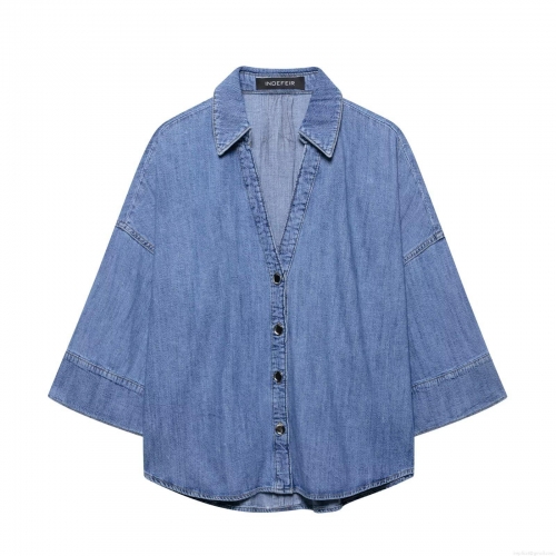 Women's Casual Denim Shirt Three-Quarter Sleeve Lapel Single Breasted Jean Blouse Solid Color Cotton Top for Daily Spring Summer Fashion