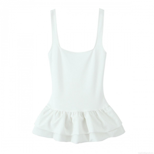 Women Sexy Solid White Ruffle Peplum Camisole Top Square Neck Sleeveless Pullover Slim Fit Polyester Tank Top For Summer Daily Vacation Elegant Sweet Ladies Clothing