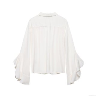 Women's Elegant White Chiffon Blouse With Bow Tie Neck Ruffle Long Sleeve Shirt Office Lady Solid Color Elegant Top