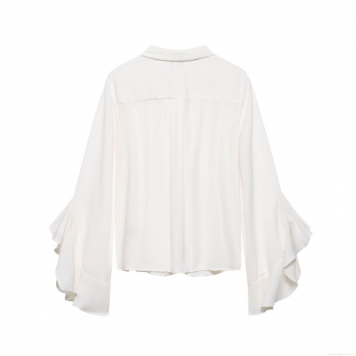 Women's Elegant White Chiffon Blouse With Bow Tie Neck Ruffle Long Sleeve Shirt Office Lady Solid Color Elegant Top