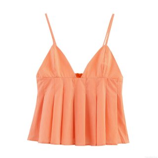 Women's Poplin Orange White Striped Cami Top Sexy V-Neck Adjustable Spaghetti Straps Pleated Peplum Hem Back Zipper Sleeveless Summer Blouse