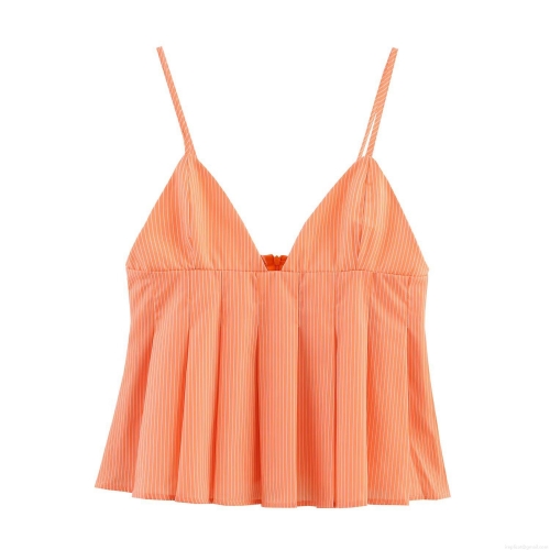 Women's Poplin Orange White Striped Cami Top Sexy V-Neck Adjustable Spaghetti Straps Pleated Peplum Hem Back Zipper Sleeveless Summer Blouse