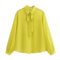 Elegant Women's Chiffon Long Sleeve Blouse With Bow Tie Neck Solid Color Lime Green Button Up Shirt For Daily Commuting Office Lady