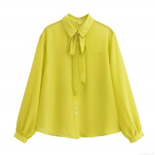 Elegant Women's Chiffon Long Sleeve Blouse With Bow Tie Neck Solid Color Lime Green Button Up Shirt For Daily Commuting Office Lady